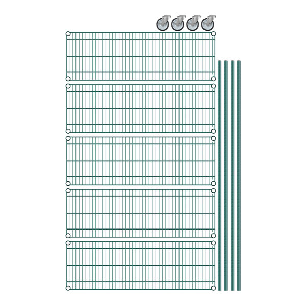 A close-up of Regency green wire shelving with 5 shelves.