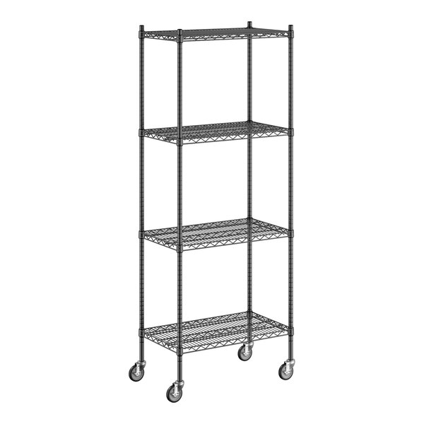 A Regency black wire shelving unit with wheels.