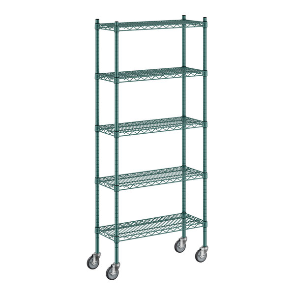 A Regency green metal wire shelving unit with wheels.