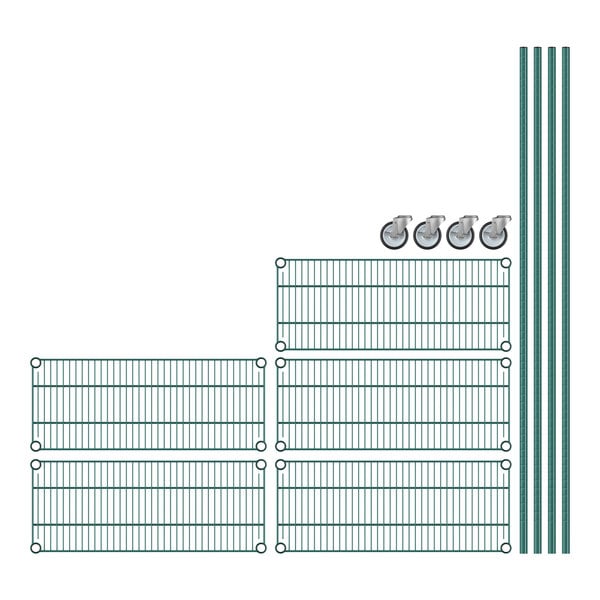 A Regency wire shelving unit with green epoxy coating and wheels.