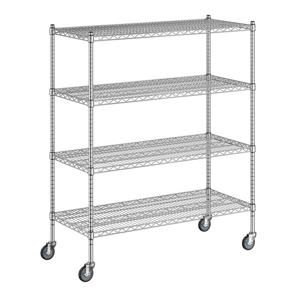 A Regency chrome mobile wire shelving starter kit with wheels and 4 shelves.