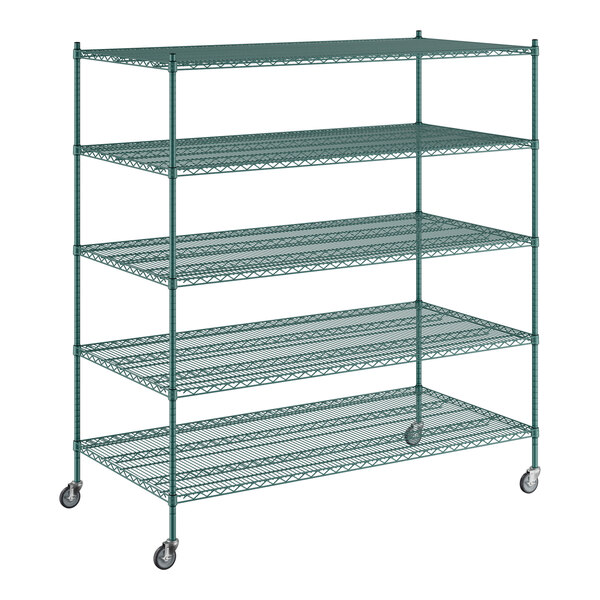 A Regency green wire shelving unit with five shelves.