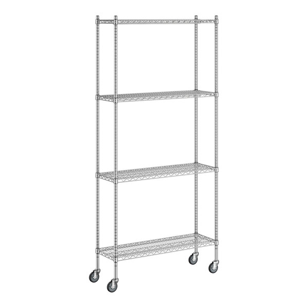 A Regency chrome wire shelving unit with wheels.