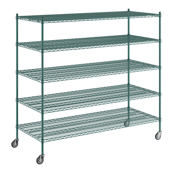 A green Regency wire shelving starter kit with four shelves.