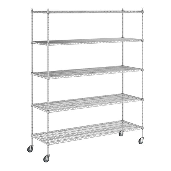 A Regency chrome wire shelving unit with wheels.