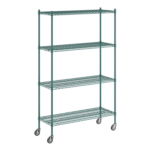 A Regency green wire shelving unit with wheels.