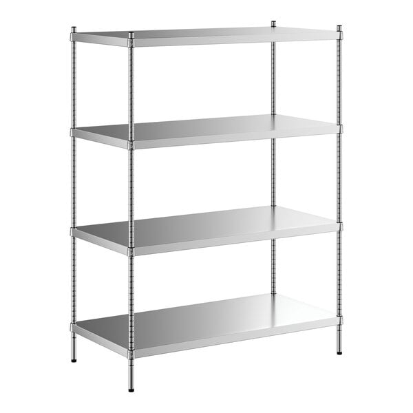 A Regency stainless steel shelving unit with four shelves.