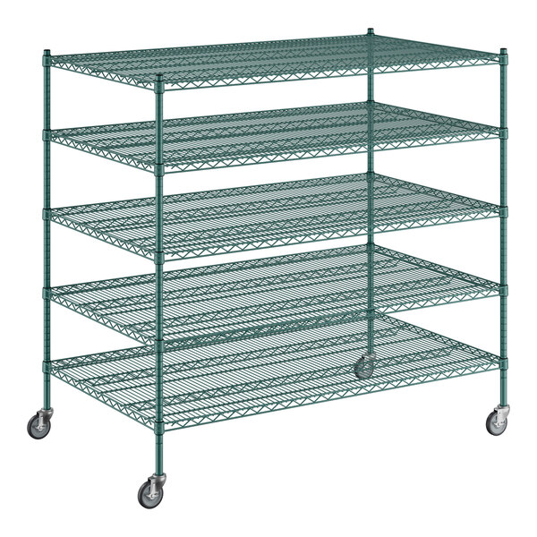 A Regency green wire shelving unit with 5 shelves and wheels.