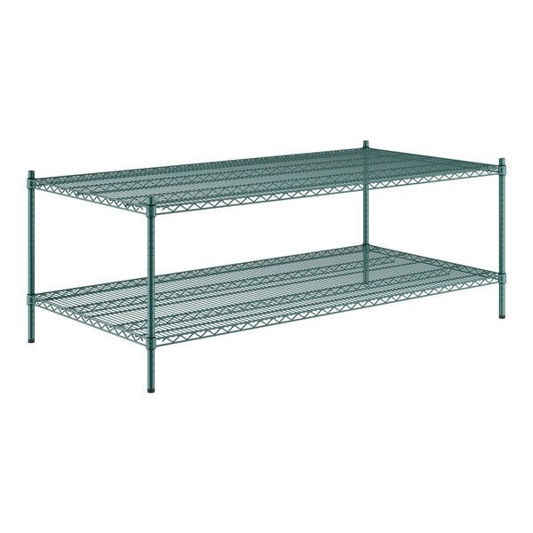 A green metal Regency wire shelf with two shelves.