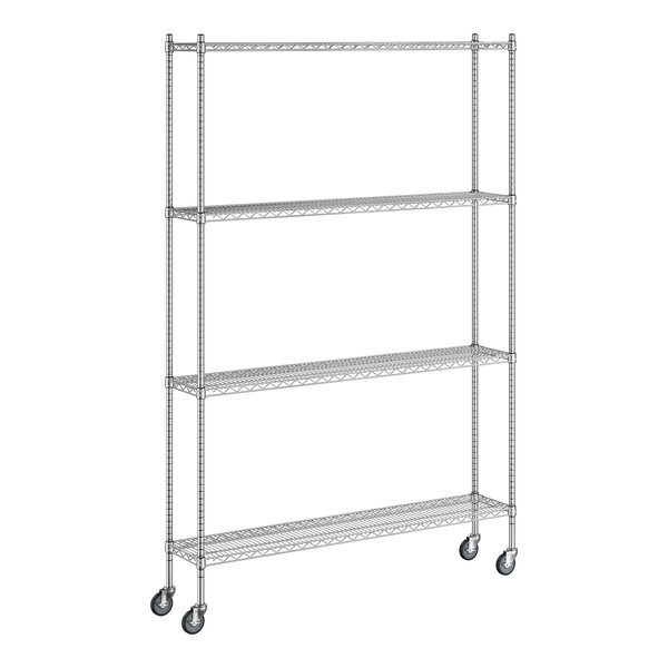 A Regency chrome wire shelving unit with wheels.