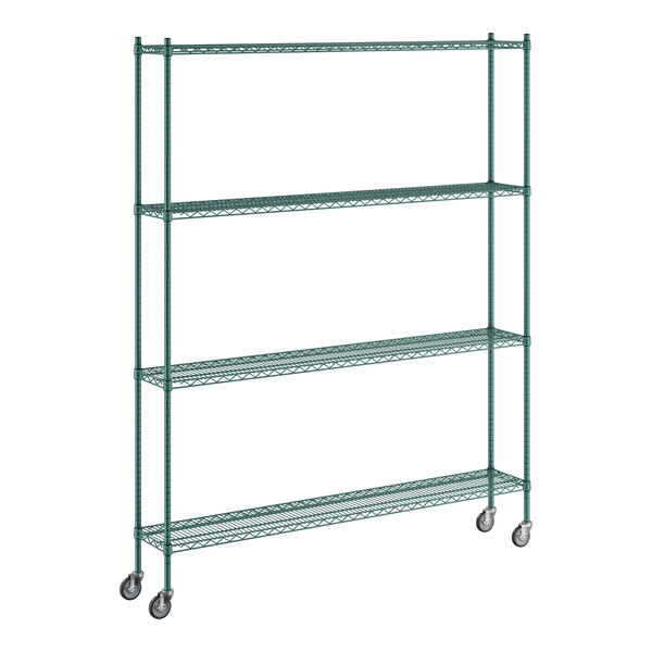 A green metal Regency wire shelving unit with wheels.