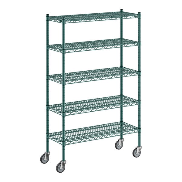 A Regency green metal wire shelving starter kit with wheels.