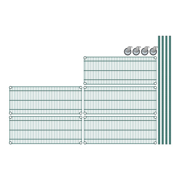 A wire shelving unit with green epoxy coated shelves.