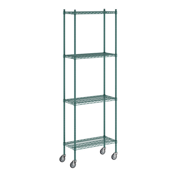 A Regency green wire shelving unit with wheels.