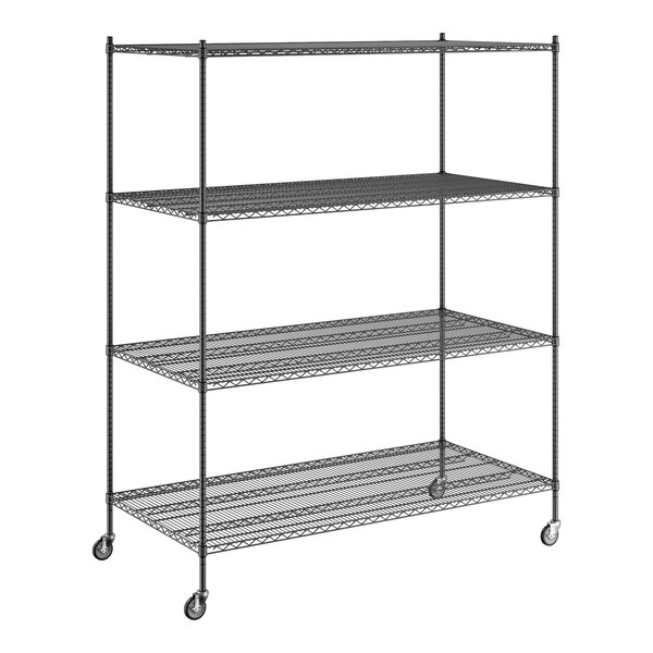 A Regency black wire shelving unit with wheels.