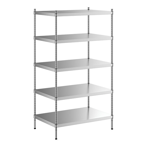 A Regency stainless steel shelving unit with five shelves.