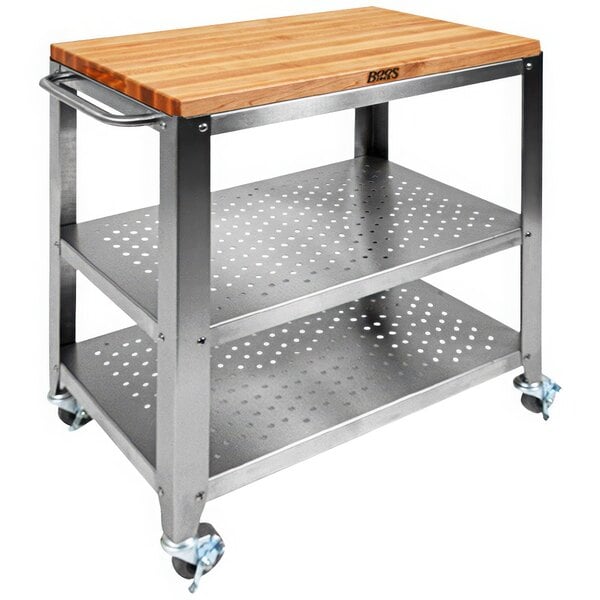 A metal and wood kitchen cart with a wooden top by John Boos & Co.
