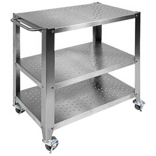A metal John Boos & Co. Cucina Culinarte cart with wheels.
