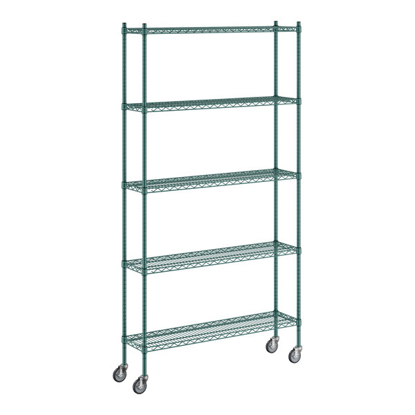 A Regency green wire shelving unit with wheels.