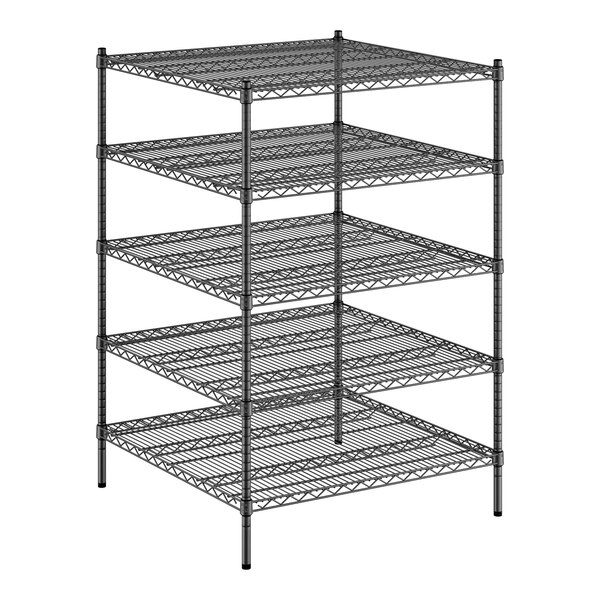 A black wire shelving unit with four shelves.