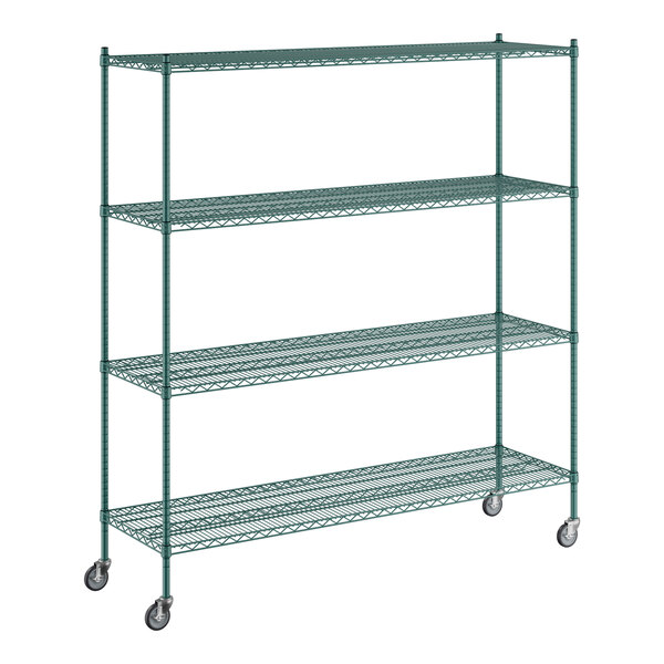 A Regency green wire shelving unit with wheels.