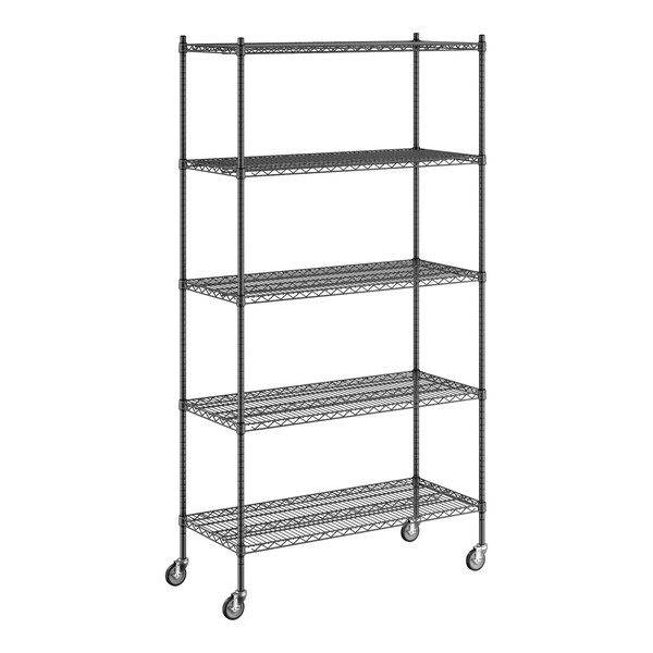 A Regency black wire shelving unit with wheels.