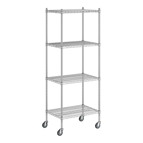 A Regency chrome wire shelving starter kit with wheels and 4 shelves.