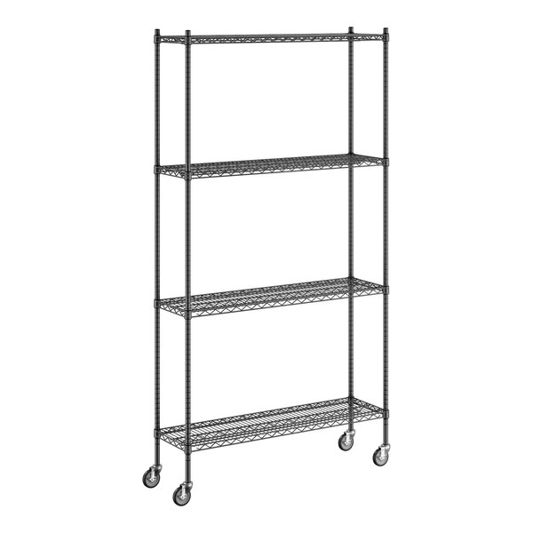 A Regency black wire shelving unit with wheels.