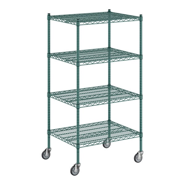 A green wire shelving unit with four shelves.