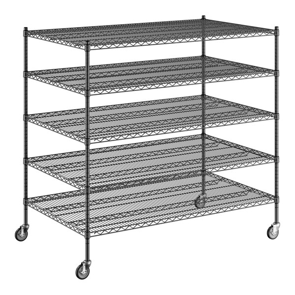 A black Regency mobile wire shelving unit with 5 shelves.
