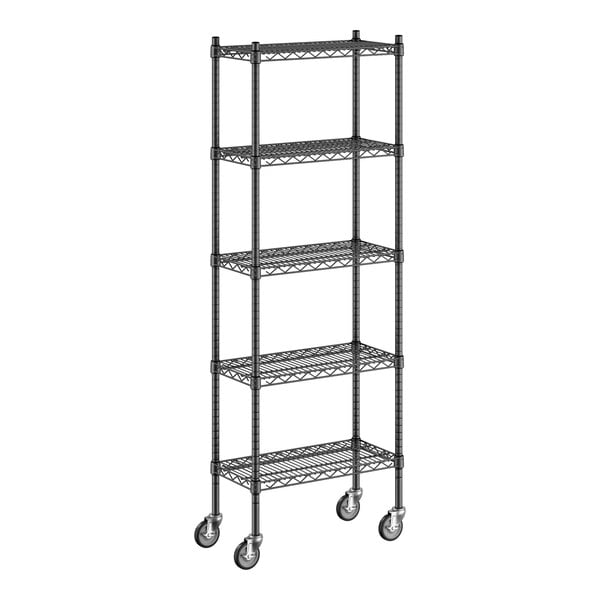 A Regency black wire shelving unit with wheels.