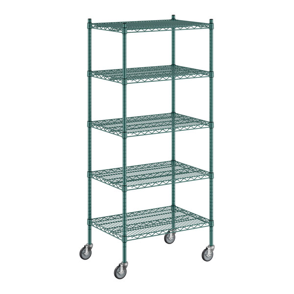 A Regency green wire shelving unit with wheels.