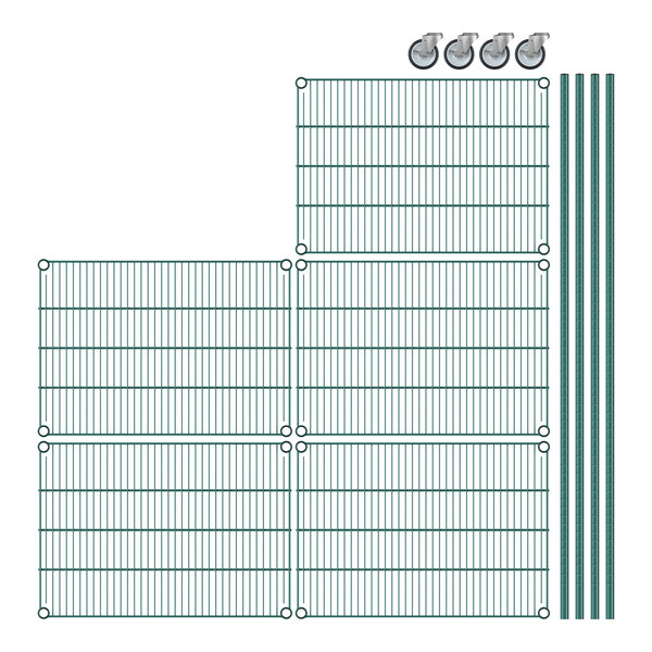 A Regency green mobile wire shelving unit with 5 shelves and metal bars.