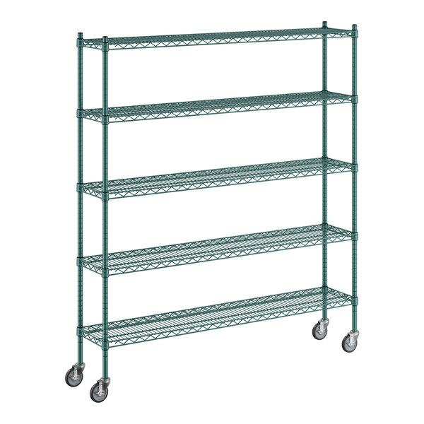 A green Regency wire shelving starter kit with wheels.