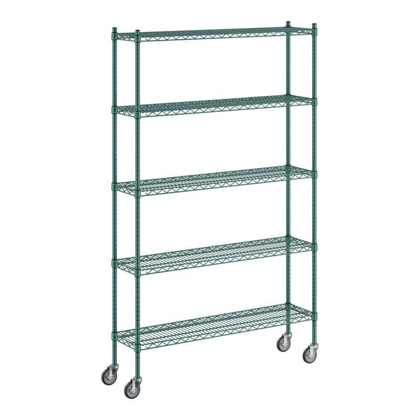 A Regency green metal wire shelving unit with wheels.