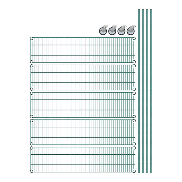 A white grid of green wire shelves with metal rods.