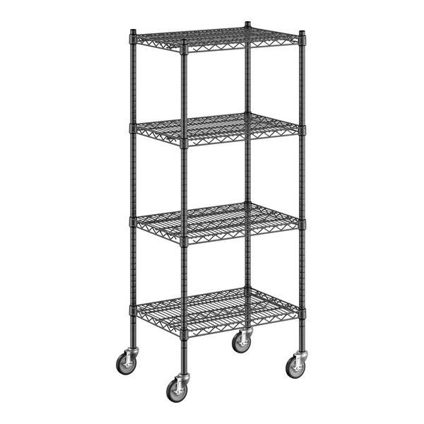 A black wire Regency shelving unit with wheels.