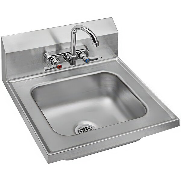 A Zurn stainless steel wall mounted hand sink with gooseneck faucet and drain.