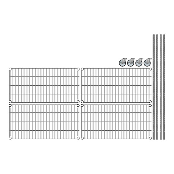 A close-up of a Regency Chrome Mobile Wire Shelf with a grid.