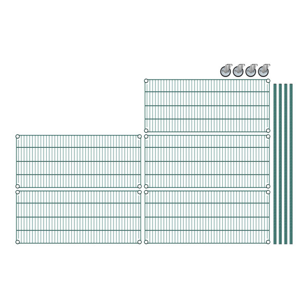 A grid of green wire shelves with white grid bars.