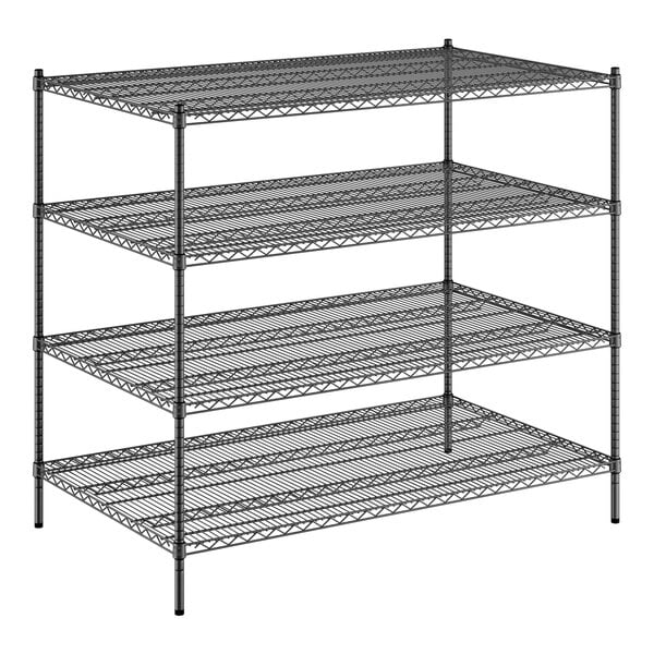 A black wire shelving unit with four shelves.