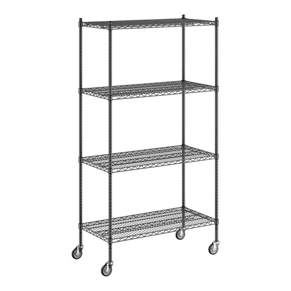 A black Regency wire shelving unit with wheels.