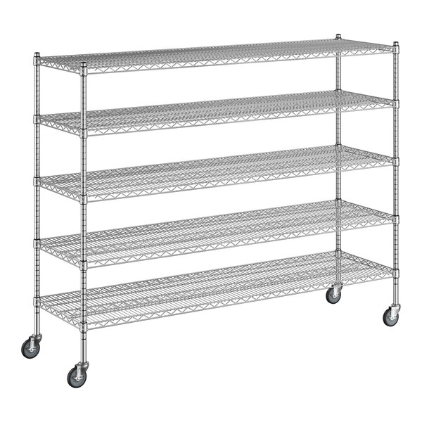 A Regency chrome wire shelving unit with wheels.