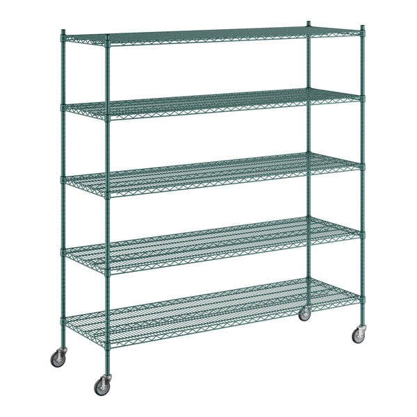 A Regency green wire shelving unit with wheels.