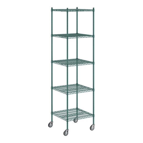 A Regency green wire shelving unit with wheels.