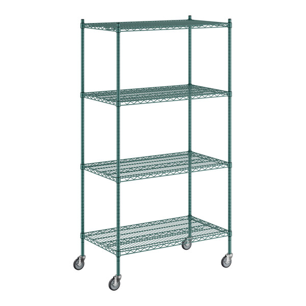 A Regency green wire shelving unit with wheels.