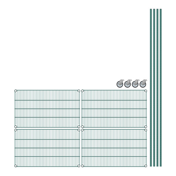 Regency green wire shelving with 4 green shelves on a white grid background.