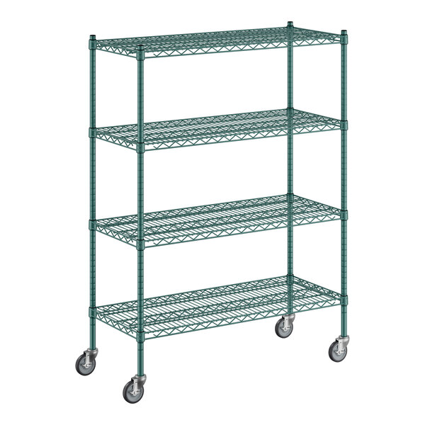 A green metal Regency wire shelving unit with wheels.