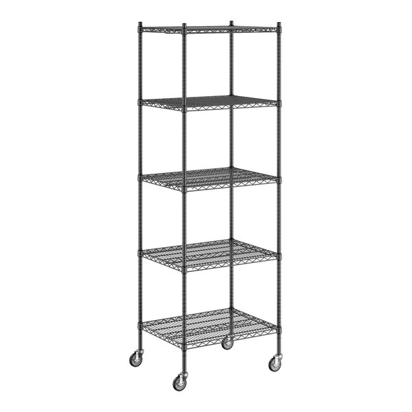 A Regency black wire shelving starter kit with 5 shelves on wheels.