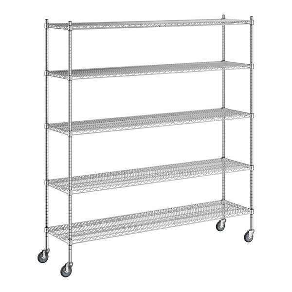 A Regency stainless steel wire shelving unit with wheels.